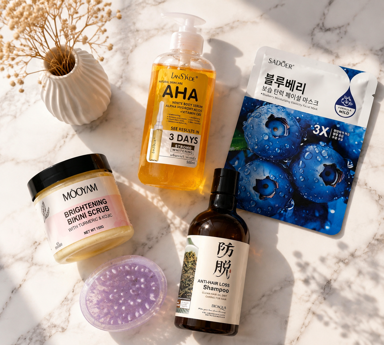 پک روتین پوست و مو  5 تیکه شامل شامپو رزماری+اسکراب سفید کننده بیکینی مویام+ماسک صورت+سرشور سیلیکونی+سرم روشن کنندهaha